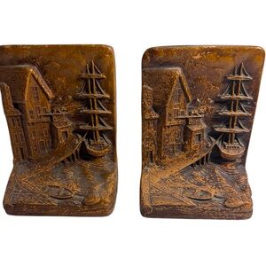 Two Vintage Brown Wood Book Ends Featuring Docked Tall Ships by Syroco Wood.